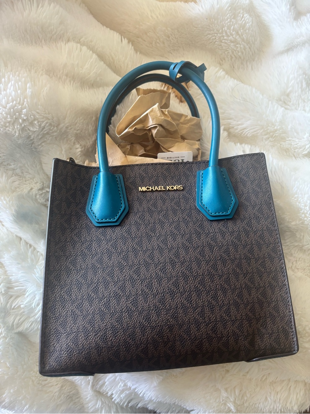 Michael Kors Brown Logo Satchel with Teal Handles